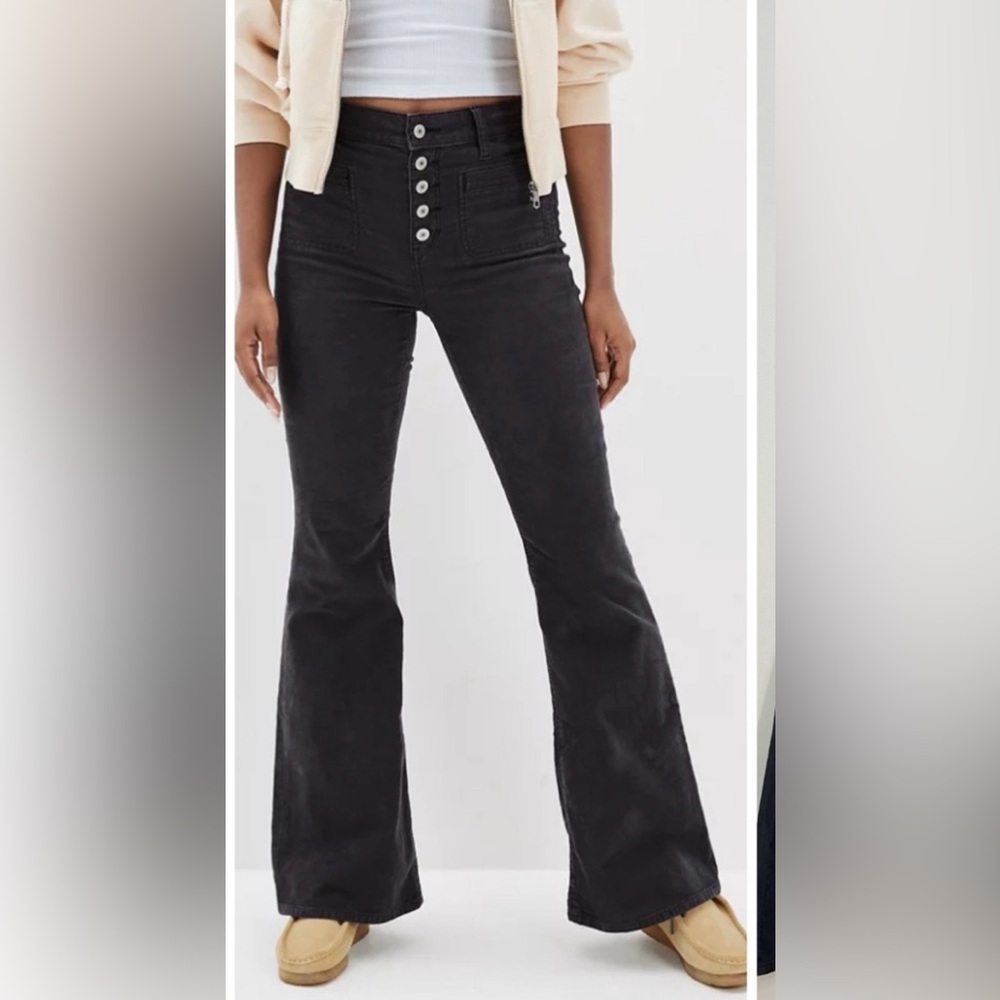 Women’s American Eagle Corduroy Pants Gray Super Hi-Rise Flare Leg Button Fly 6